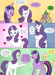 Size: 1000x1366 | Tagged: safe, artist:emilou1985, imported from derpibooru, fluttershy, rarity, spike, twilight sparkle, alicorn, pony, comic:signs, alternate universe, comic, heart, preggity, pregnant, twilight sparkle (alicorn)