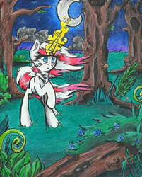 Size: 942x1172 | Tagged: safe, artist:pepperscratch, imported from derpibooru, oc, oc only, oc:peppermint crush, pony, unicorn, female, magic, mare, moon, night, raised hoof, solo, traditional art, tree