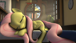 Size: 1600x900 | Tagged: safe, artist:vinuldash, imported from derpibooru, fluttershy, 3d, clock, crepuscular rays, cute, female, prone, shyabetes, sleeping, solo, source filmmaker