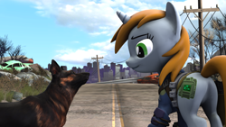 Size: 1024x576 | Tagged: safe, artist:vinuldash, imported from derpibooru, oc, oc only, oc:littlepip, dog, german shepherd, pony, unicorn, fallout equestria, 3d, butt, car, clothes, dogmeat, fallout, fallout 4, fanfic, fanfic art, female, horn, jumpsuit, mare, pipbuck, plane, plot, solo, vault suit