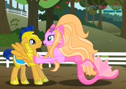 Size: 1600x1131 | Tagged: safe, artist:jucamovi1992, imported from derpibooru, flash sentry, oc, oc:aglaope, mermaid, merpony, pegasus, pony, equestria girls, armor, blushing, fake screencap, flash sentry gets all the mares, floppy ears, helmet, long hair, nervous, royal guard, smiling, sweat, watermark