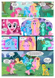 Size: 1600x2263 | Tagged: safe, artist:jucamovi1992, imported from derpibooru, applejack, flash sentry, pinkie pie, oc, oc:aglaope, oc:piscis, oc:radne, oc:the dark stars, mermaid, angry, annoyed, comic, singing