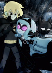Size: 1600x2263 | Tagged: safe, artist:jucamovi1992, imported from derpibooru, oc, oc only, oc:piscis, oc:speed wave, equestria girls, batman, catwoman, clothes, cosplay, costume, flirting, glowing eyes, oc x oc, shipping