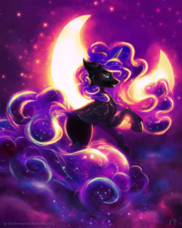 Size: 1600x2000 | Tagged: safe, artist:kp-shadowsquirrel, imported from derpibooru, nightmare moon, crescent moon, female, looking at you, missing accessory, moon, raised hoof, smiling, solo, stars