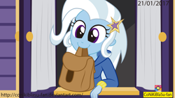 Size: 1771x996 | Tagged: safe, artist:conikiblasu-fan, imported from derpibooru, trixie, equestria girls, to where and back again, bag, clothes, cute, diatrixes, equestria girls interpretation, equestria girls-ified, female, hoodie, humans doing horse things, mouth hold, saddle bag, scene interpretation, silly human, solo, to saddlebags and back again, trixie's wagon