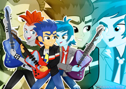 Size: 1600x1131 | Tagged: safe, artist:jucamovi1992, imported from derpibooru, crimson napalm, flash sentry, thunderbass, equestria girls, background human, group, guitar, zoom layer