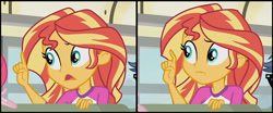 Size: 800x334 | Tagged: safe, edit, edited screencap, editor:paragonaj, imported from derpibooru, screencap, pinkie pie, sunset shimmer, equestria girls, legend of everfree, :i, argument, bus, can't argue with that, fgsfds, gesture, hand, pointing, raised finger, reaction image
