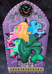 Size: 1600x2263 | Tagged: safe, artist:jucamovi1992, imported from derpibooru, oc, oc only, oc:aglaope, oc:piscis, oc:radne, oc:the dark stars, mermaid, evil, stained glass, story included