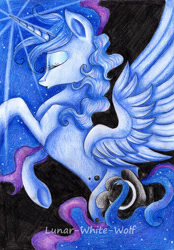 Size: 2425x3477 | Tagged: safe, artist:lunar-white-wolf, imported from derpibooru, princess luna, black background, eyes closed, female, glowing horn, missing accessory, raised hoof, rearing, simple background, solo, traditional art