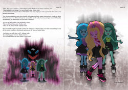 Size: 1600x1132 | Tagged: safe, artist:jucamovi1992, imported from derpibooru, oc, oc only, oc:aglaope, oc:piscis, oc:radne, oc:the dark stars, backstory, bare shoulders, clothes, evil, sleeveless, strapless, tanktop, tube top