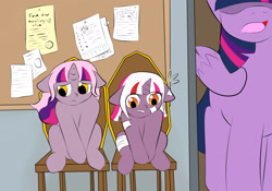 Size: 2048x1436 | Tagged: safe, artist:jolliapplegirl, imported from derpibooru, twilight sparkle, oc, oc:hazy sky, oc:sirius veil, alicorn, pony, unicorn, adopted offspring, family, floppy ears, foal, magical lesbian spawn, next generation, offspring, parent:princess celestia, parent:twilight sparkle, parent:unnamed oc, parents:oc x oc, parents:twilestia, story in the source, twilight sparkle (alicorn)