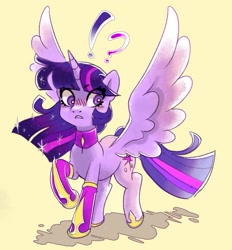 Size: 1073x1155 | Tagged: safe, artist:sunbusting, imported from derpibooru, twilight sparkle, alicorn, pony, blushing, choker, ethereal mane, exclamation point, female, interrobang, large wings, looking back, question mark, raised hoof, simple background, solo, spread wings, starry mane, surprised, twilight sparkle (alicorn), wings