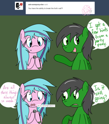 Size: 1280x1463 | Tagged: safe, artist:hummingway, imported from derpibooru, pinkie pie, oc, oc:feather hummingway, oc:swirly shells, ask-humming-way, dialogue, simple background, tumblr, tumblr comic