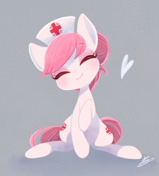 Size: 906x1000 | Tagged: safe, artist:sibashen, imported from derpibooru, nurse redheart, earth pony, pony, adoredheart, blushing, cute, eyes closed, female, gray background, heart, heartabetes, mare, simple background, sitting, smiling, solo