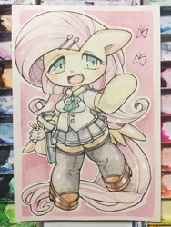 Size: 960x1280 | Tagged: safe, artist:mosamosa_n, imported from derpibooru, fluttershy, rabbit, semi-anthro, arm hooves, butt wings, clothes, cute, female, pleated skirt, school uniform, schoolgirl, shoes, shyabetes, simple background, skirt, socks, solo, thigh highs, traditional art, watercolor painting, zettai ryouiki