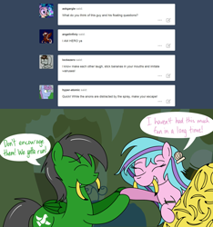 Size: 1280x1366 | Tagged: safe, artist:hummingway, imported from derpibooru, oc, oc only, oc:feather hummingway, oc:swirly shells, ask-humming-way, banana, dialogue, food, forest, tumblr, tumblr comic