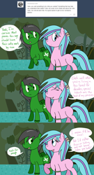 Size: 1280x2374 | Tagged: safe, artist:hummingway, imported from derpibooru, oc, oc only, oc:feather hummingway, oc:swirly shells, ask-humming-way, dialogue, forest, tumblr, tumblr comic