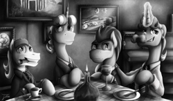 Size: 1250x731 | Tagged: safe, artist:jamescorck, imported from derpibooru, flam, flim, lucky clover, silver shill, alcohol, brothers, clothes, dinner, flim flam brothers, glass, grayscale, hatless, missing accessory, monochrome, necktie, smoking, story included, suit, wine