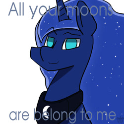 Size: 2000x2000 | Tagged: safe, artist:mopyr, derpibooru exclusive, imported from derpibooru, princess luna, all your base are belong to us, bust, caption, female, looking at you, portrait, raised eyebrow, simple background, smiling, solo, white background