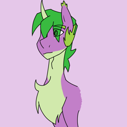 Size: 844x844 | Tagged: safe, artist:moonaknight13, imported from derpibooru, spike, pony, unicorn, adult spike, bat ears, chest fluff, freckles, male, older, ponified spike, simple background, smiling, solo