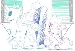 Size: 1280x868 | Tagged: safe, artist:swiftsketchpone, imported from derpibooru, spike, thorax, changeling, monochrome, sketch