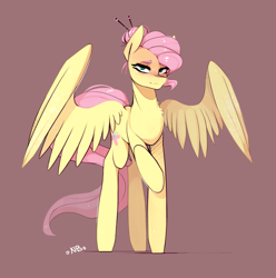 Size: 1874x1886 | Tagged: safe, artist:novabytes, imported from derpibooru, fluttershy, pegasus, pony, alternate hairstyle, bedroom eyes, brown background, female, hair bun, lidded eyes, looking at you, mare, raised hoof, simple background, solo, spread wings