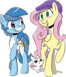 Size: 2121x2455 | Tagged: safe, artist:dilarus, deleted from derpibooru, imported from derpibooru, angel bunny, fluttershy, oc, oc:wish, butterfly, pegasus, pony, rabbit, cap, commission, conversation, cutie mark, female, green eyes, hat, laughing, mare, pink mane, purple eyes, simple background, stars, tallershy, transparent background, wings