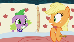 Size: 1920x1080 | Tagged: safe, edit, edited screencap, imported from derpibooru, screencap, applejack, spike, dog, 28 pranks later, equestria girls, applejack's bed partner, applespike, bed, exploitable meme, male, meme, pillow, shipping, spike the dog, straight