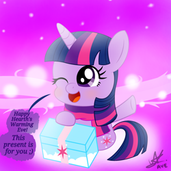 Size: 2048x2048 | Tagged: safe, artist:matchapony, imported from derpibooru, twilight sparkle, pony, blushing, clothes, cute, female, gift giving, looking up, one eye closed, open mouth, present, scarf, sitting, smiling, solo, speech bubble, twiabetes, wink