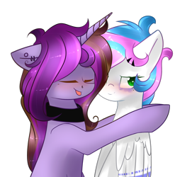 Size: 1420x1435 | Tagged: safe, artist:xxdarkmindxx, imported from derpibooru, oc, oc only, oc:symphony diamond, pegasus, pony, unicorn, duo, hug, simple background, transparent background