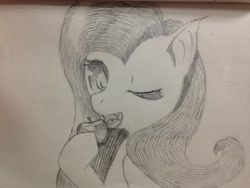 Size: 3264x2448 | Tagged: artist needed, safe, imported from derpibooru, fluttershy, bat pony, pony, apple, female, flutterbat, food, monochrome, one eye closed, race swap, solo, traditional art