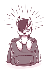 Size: 1085x1569 | Tagged: safe, artist:xieril, imported from derpibooru, oc, oc only, oc:dusk rhine, bat pony, pony, adorkable, backpack, batpack, chest fluff, cute, dork, fangs, glasses, hair over one eye, happy, looking at you, male, solo, stallion
