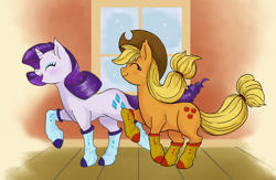 Size: 1200x781 | Tagged: safe, artist:rarijack-countrycouture, imported from derpibooru, applejack, rarity, clothes, eyes closed, female, lesbian, rarijack, shipping, snow, socks, window, winter