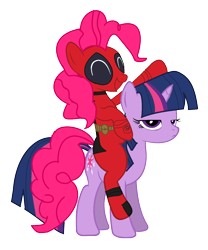 Size: 1313x1577 | Tagged: safe, artist:riniginianna, imported from derpibooru, pinkie pie, twilight sparkle, base used, clothes, cosplay, costume, deadpool, marvel, pinkie pie riding twilight, pinkiepool, ponies riding ponies, riding, simple background, transparent background, unamused