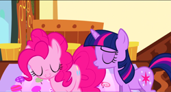 Size: 1360x730 | Tagged: safe, imported from derpibooru, screencap, pinkie pie, twilight sparkle, pony, griffon the brush off, eyes closed, smiling