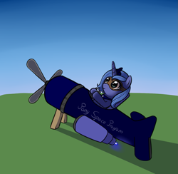 Size: 1115x1088 | Tagged: safe, artist:neuro, imported from derpibooru, princess luna, alicorn, pony, female, filly, goggles, hoof hold, plane, rocket, s1 luna, smiling, solo, space program, this will end in tears and/or a journey to the moon, woona, younger