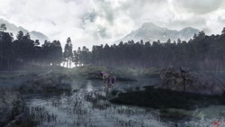 Size: 1191x670 | Tagged: safe, artist:kp-shadowsquirrel, artist:saxm13, imported from derpibooru, fluttershy, 3d, female, flying, fog, moss, mountain, rock, signature, solo, swamp, tree, vue, vue xstream