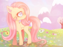Size: 1200x900 | Tagged: safe, artist:markoikoi, imported from derpibooru, fluttershy, female, flower field, folded wings, head turn, looking away, pastel colors, profile, solo, turned head