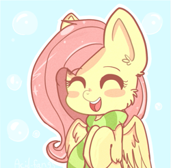 Size: 613x604 | Tagged: safe, artist:acid-fangs, imported from derpibooru, fluttershy, blush sticker, blushing, bust, clothes, cute, eyes closed, female, happy, portrait, scarf, shyabetes, smiling, solo