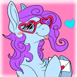 Size: 400x400 | Tagged: safe, artist:brainiac, imported from derpibooru, oc, oc only, oc:tyler, earth pony, pony, cute, envelope, female, glasses, heart, heart glasses, heart shaped glasses, love letter, mare, solo, tongue out