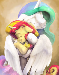 Size: 825x1050 | Tagged: safe, artist:silfoe, imported from derpibooru, princess celestia, sunset shimmer, alicorn, pony, unicorn, :t, cute, duo, duo female, eyes closed, female, floppy ears, forgiveness, grin, heartwarming in hindsight, hug, missing accessory, momlestia, reunion, simple background, smiling, teacher and student, the prodigal sunset, winghug