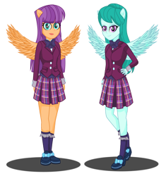 Size: 2903x3082 | Tagged: safe, artist:deannaphantom13, imported from derpibooru, cold forecast, ginger owlseye, equestria girls, friendship games, clothes, crystal prep academy, crystal prep academy uniform, crystal prep shadowbolts, cute, duo, duo female, female, high heels, pleated skirt, ponied up, school uniform, shoes, simple background, skirt, socks, transparent background, vector, wings