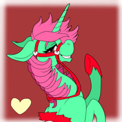 Size: 400x400 | Tagged: safe, artist:brainiac, imported from derpibooru, oc, oc only, oc:nicole, pony, unicorn, cute, female, heart, lidded eyes, mare, reins, saddle, solo, tack