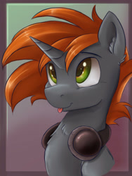 Size: 3000x4000 | Tagged: safe, artist:ardail, imported from derpibooru, oc, oc only, oc:thinker, pony, unicorn, absurd resolution, bust, ear fluff, headphones, smiling, solo, tongue out