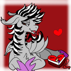 Size: 400x400 | Tagged: safe, artist:brainiac, imported from derpibooru, oc, oc only, oc:ashe, oc:carlee, bat pony, pony, box of chocolates, cute, fangs, female, heart, lidded eyes, mare, night guard, piercing, solo