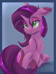 Size: 3000x4000 | Tagged: safe, artist:ardail, imported from derpibooru, oc, oc only, oc:needle stitch, pony, unicorn, colored pupils, ear fluff, mouth hold, needle, sitting, smiling, solo, thread