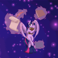Size: 600x600 | Tagged: safe, artist:szafir87, imported from derpibooru, twilight sparkle, alicorn, pony, animated, blinking, book, crossed legs, female, gif, holding, levitation, looking at you, magic, smiling, solo, spread wings, stars, telekinesis, twilight sparkle (alicorn)