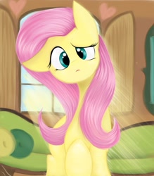 Size: 994x1136 | Tagged: safe, artist:lcpegasister75, imported from derpibooru, fluttershy, pony, confluttershy, confused, crepuscular rays, female, head tilt, interior, looking at you, raised hoof, solo