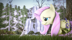 Size: 2560x1440 | Tagged: safe, artist:redaceofspades, imported from derpibooru, fluttershy, rabbit, 3d, cute, female, forest, shyabetes, solo, source filmmaker, tree, waterfall