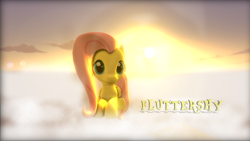 Size: 1280x720 | Tagged: safe, artist:ldinos, imported from derpibooru, fluttershy, 3d, cloud, female, looking at you, poster, sitting, solo, source filmmaker, sunrise